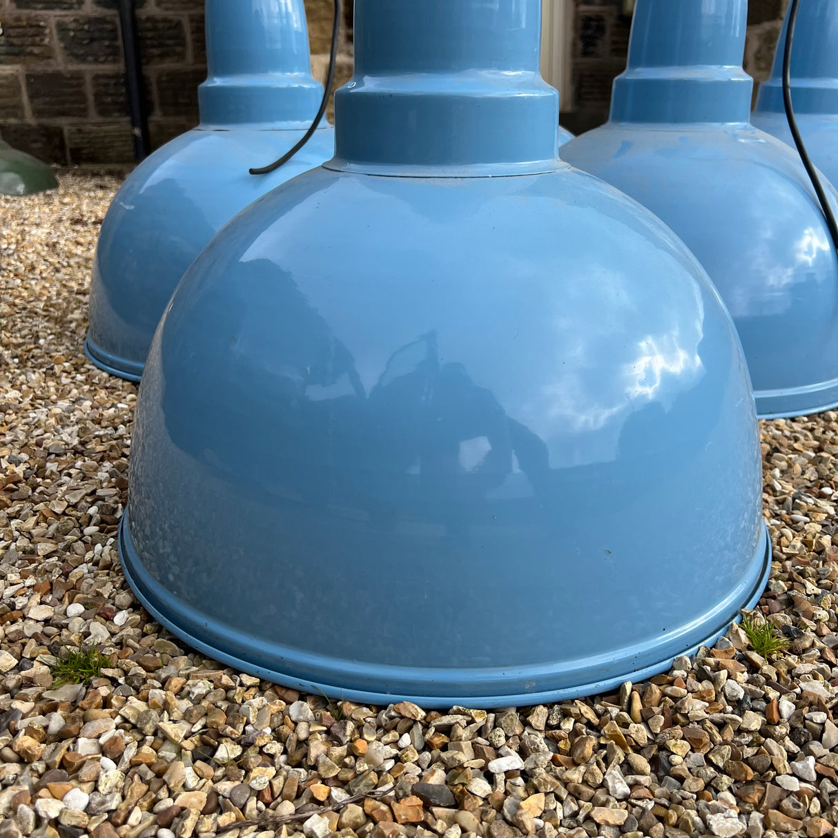 Vintage Sky Blue Enamel Industrial Pendants Lamp - 17” (Restored)