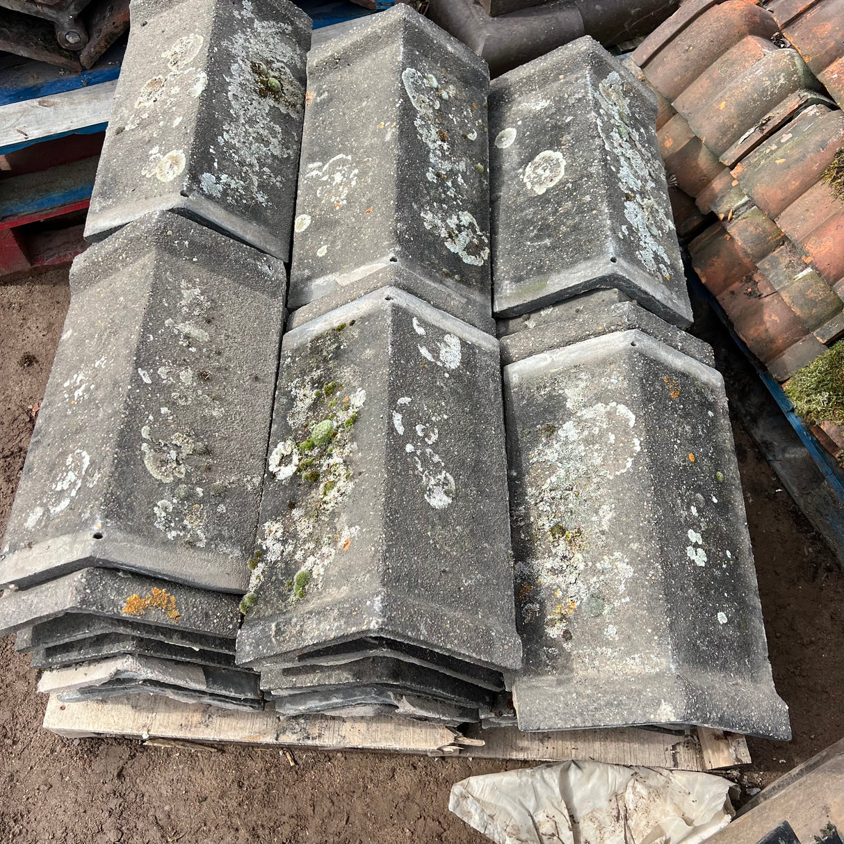 Reclaimed 18" Capped Concrete Grey Roof Ridge Tiles - 110 Degree