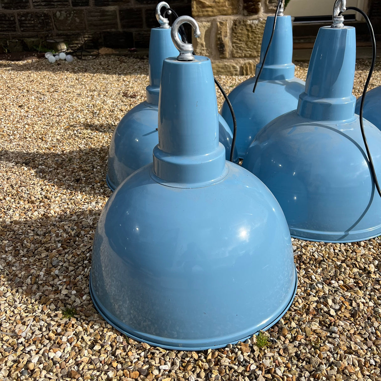 Vintage Sky Blue Enamel Industrial Pendants Lamp - 17” (Restored)