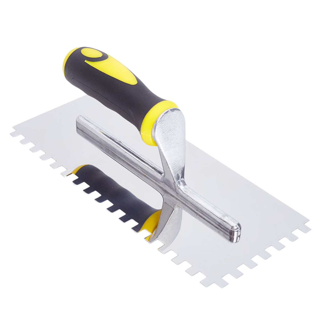Square notched trowel with black and yellow handle on a white background