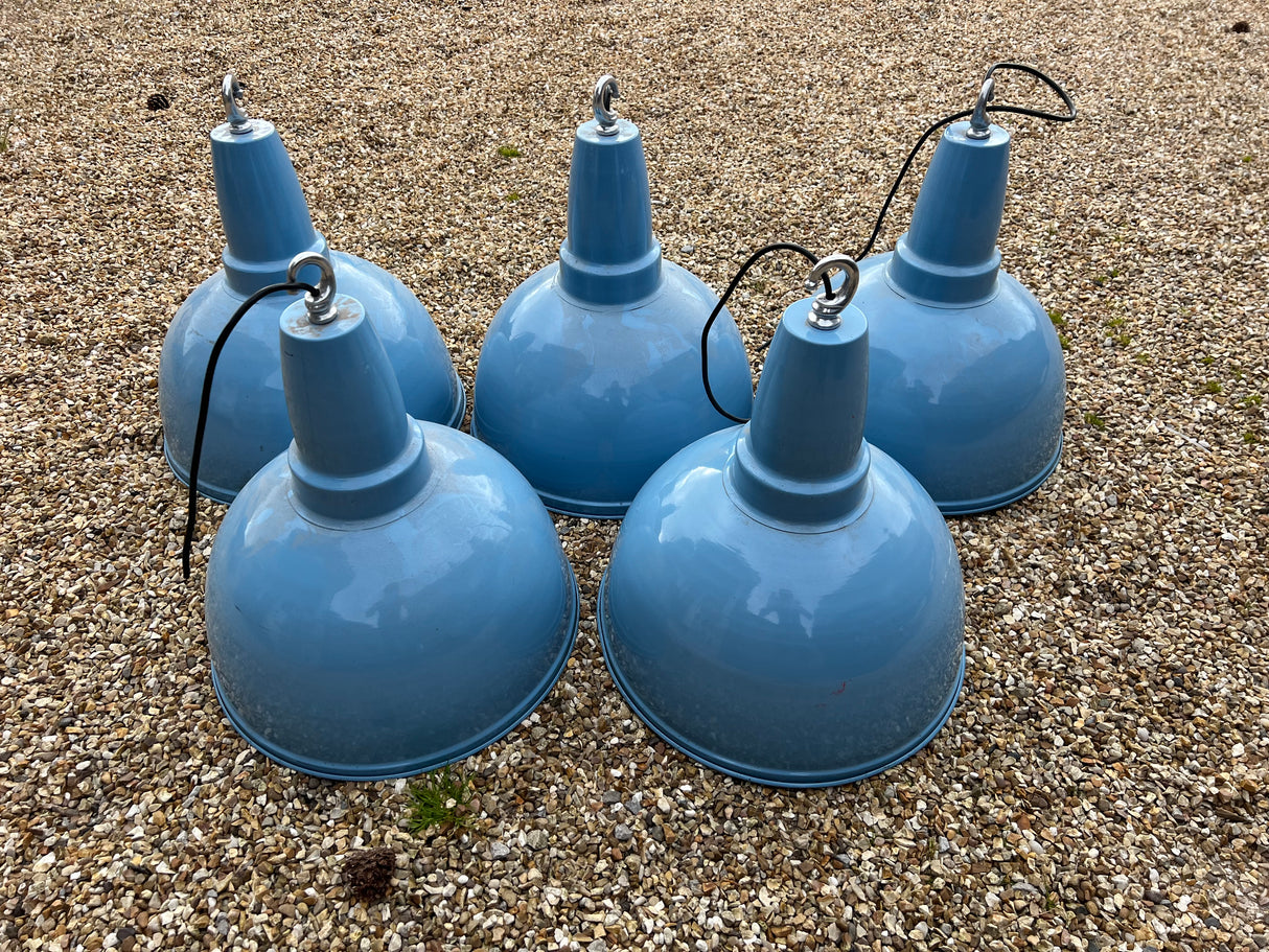 Vintage Sky Blue Enamel Industrial Pendants Lamp - 17” (Restored)