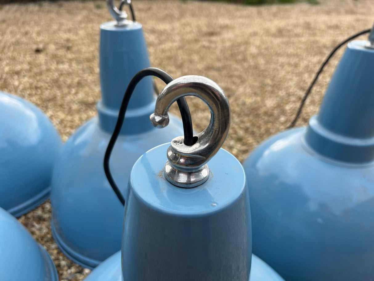 Vintage Sky Blue Enamel Industrial Pendants Lamp - 17” (Restored)