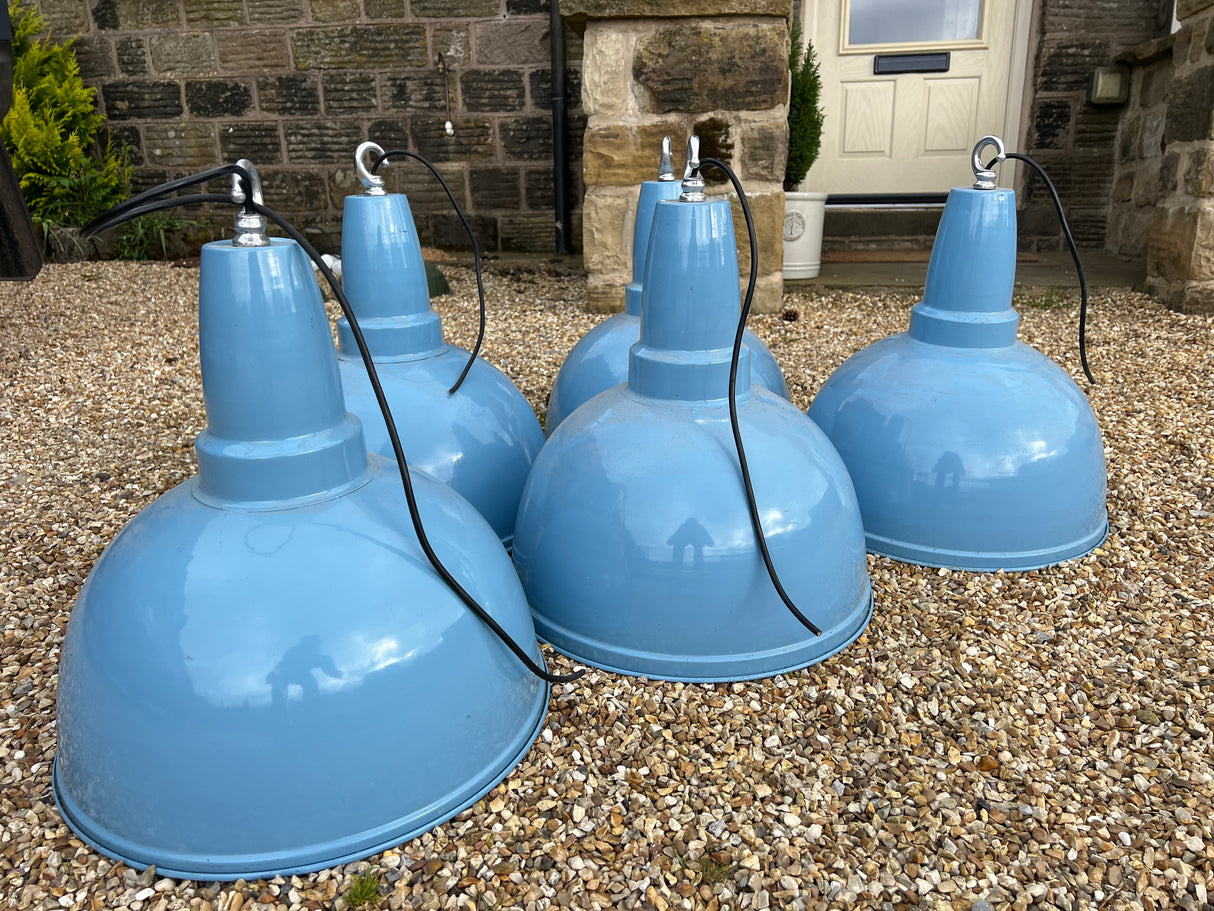 Vintage Sky Blue Enamel Industrial Pendants Lamp - 17” (Restored)