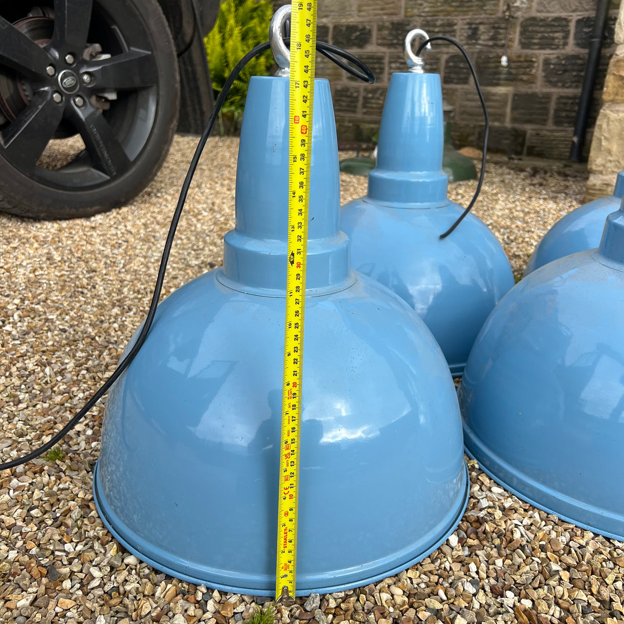 Vintage Sky Blue Enamel Industrial Pendants Lamp - 17” (Restored)