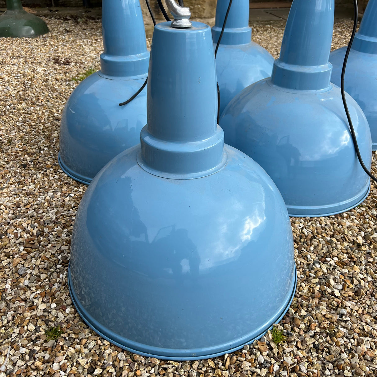 Vintage Sky Blue Enamel Industrial Pendants Lamp - 17” (Restored)