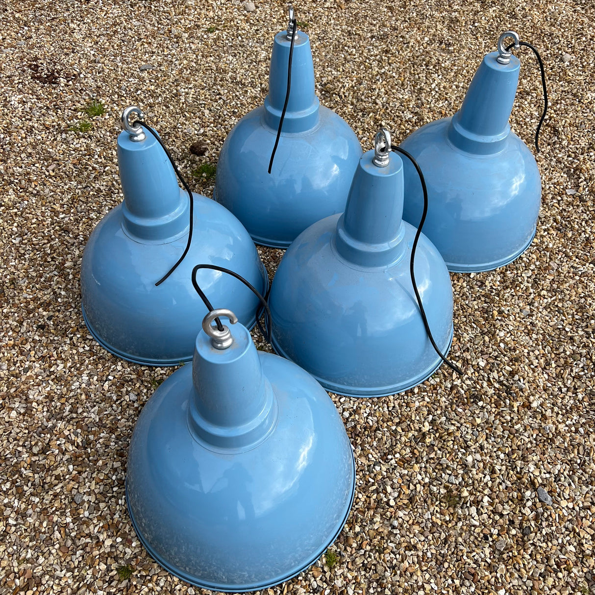 Vintage Sky Blue Enamel Industrial Pendants Lamp - 17” (Restored)