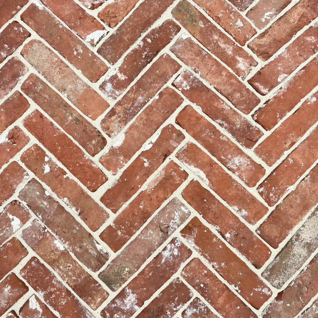 Close-up of red brick pattern with a herringbone layout