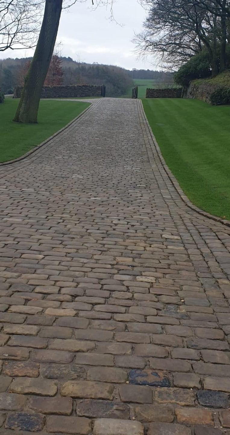 Grand Manor House Entrance & Driveway Landscaped using Reclaimed Grit Stone Setts, Worcester - Reclaimed Brick Company