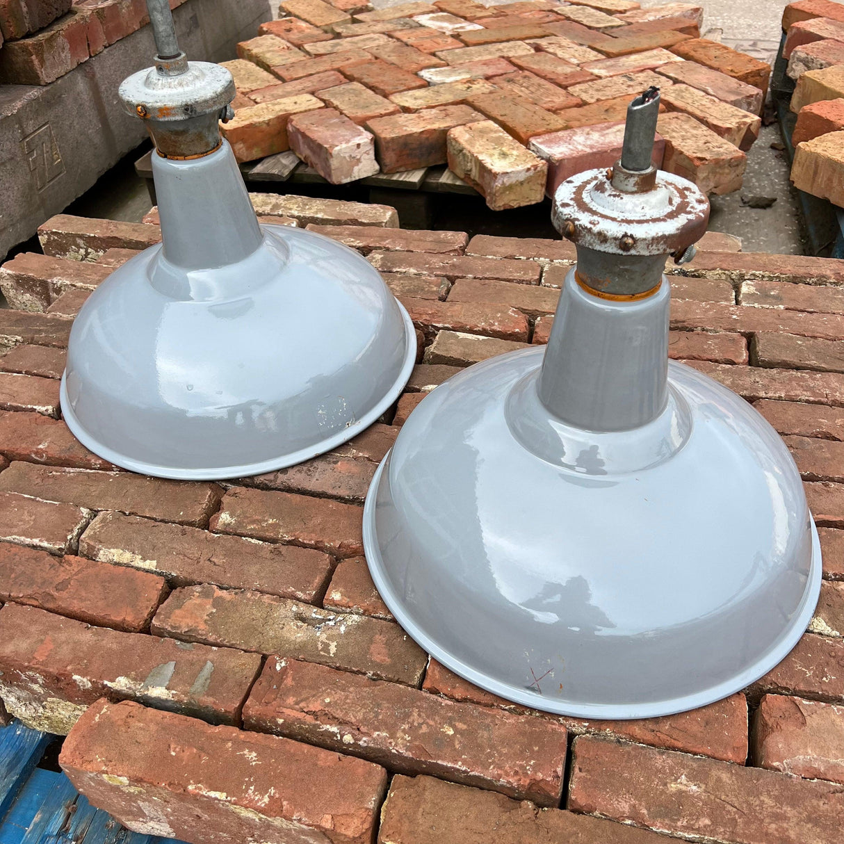 Vintage AEI Grey Enamel Industrial Pendants Lamp - 16” (Pair) - Reclaimed Brick Company