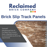 Advertisement for Reclaimed Brick Company's Brick Slip Track Panels with a brick panel and company branding.