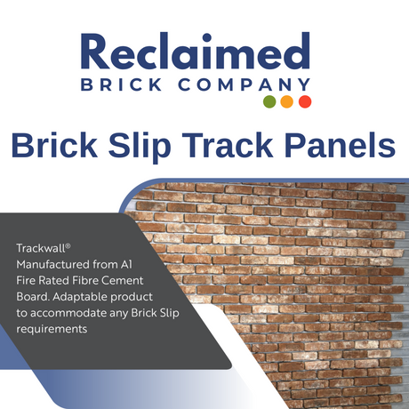 Advertisement for Reclaimed Brick Company's Brick Slip Track Panels with a brick panel and company branding.