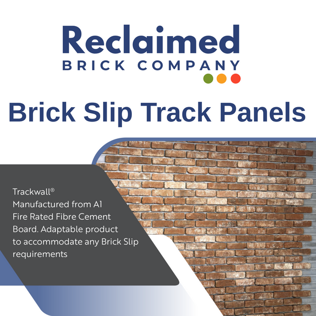 Advertisement for Reclaimed Brick Company's Brick Slip Track Panels with a brick panel and company branding.