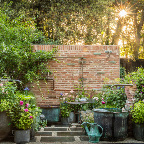 Garden scene with a brick wall, potted plants, and a sunlit sky.