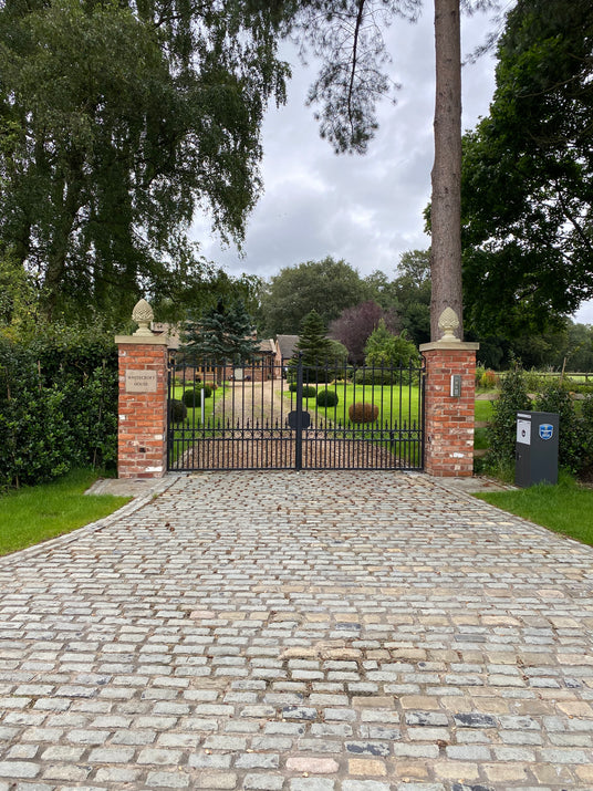Reclaimed Brick Pillar Gates And Granite Cobble Drive Enterance