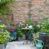 Outdoor garden scene with a brick wall, potted plants, and a small table.