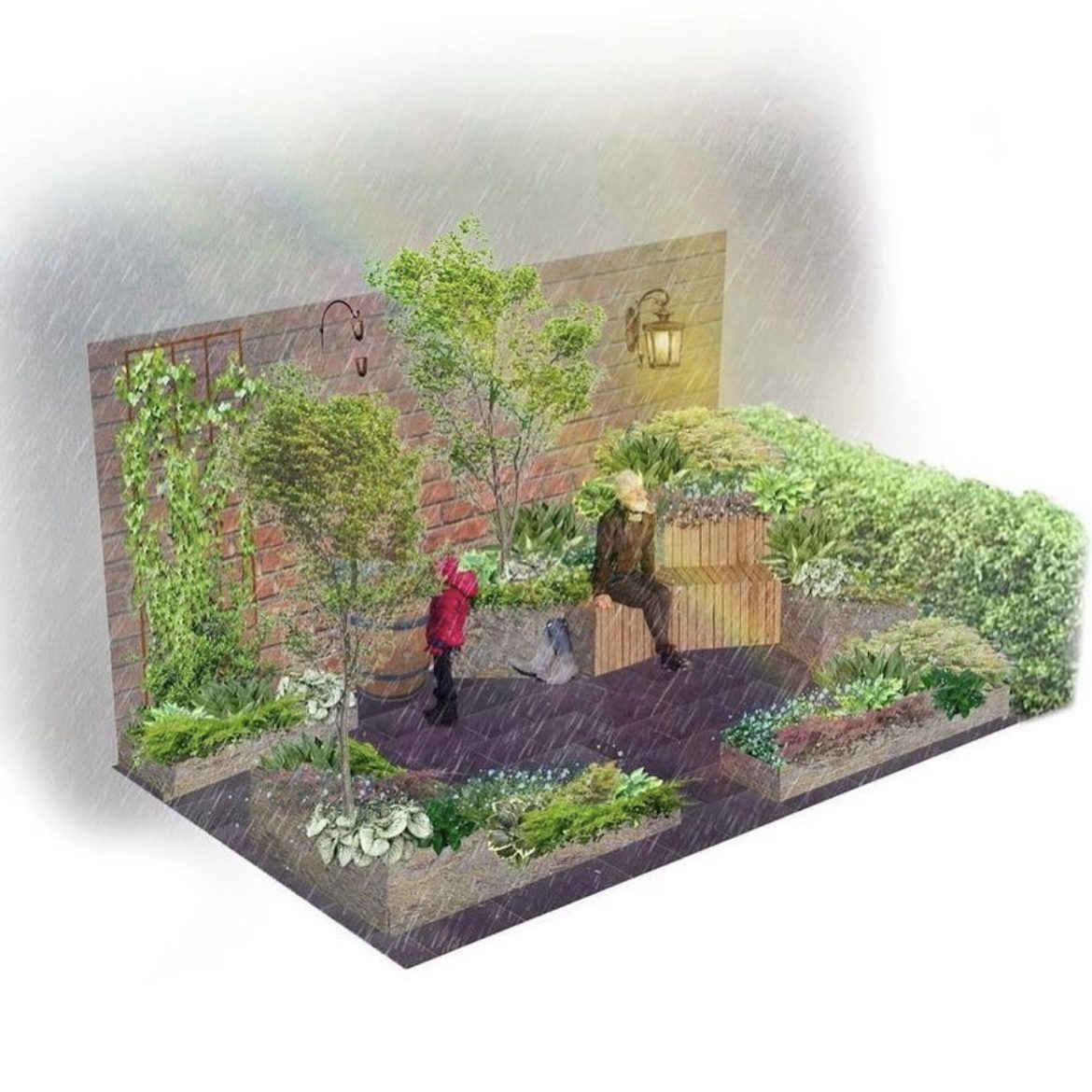 Design sketch of garden layout featuring brick slip wall and planting scheme