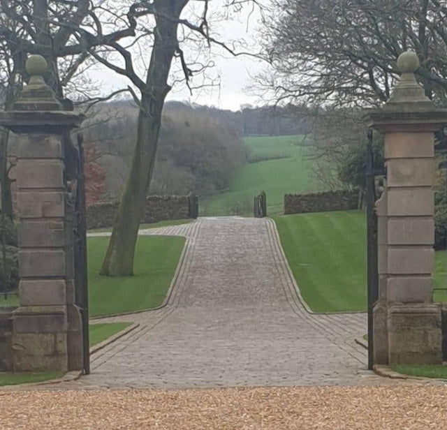 Grand Manor House Entrance & Driveway Landscaped using Reclaimed Grit Stone Setts, Worcester - Reclaimed Brick Company