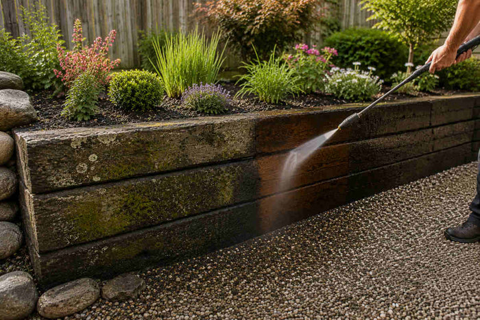 Pressure washing reclaimed railway sleepers to remove dirt, moss and algae before restoring timber in the garden.