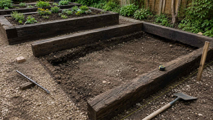 Railways sleeper garden bed, being assembled