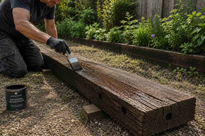 Applying exterior wood stain to a reclaimed hardwood railway sleeper in a garden to protect and restore weathered timber.